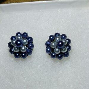 Elegant Vintage Signed Japan Blue and Gray Cluster Earrings